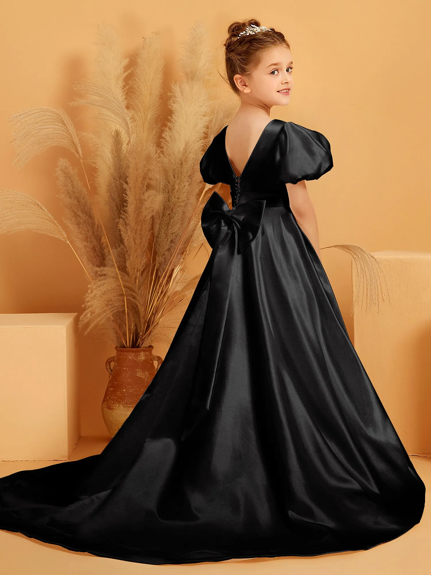 A-Line Pleated Satin Flower Girl Dress Black