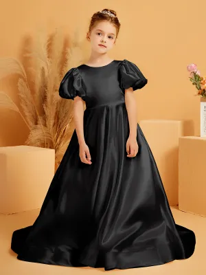 A-Line Pleated Satin Flower Girl Dress Black