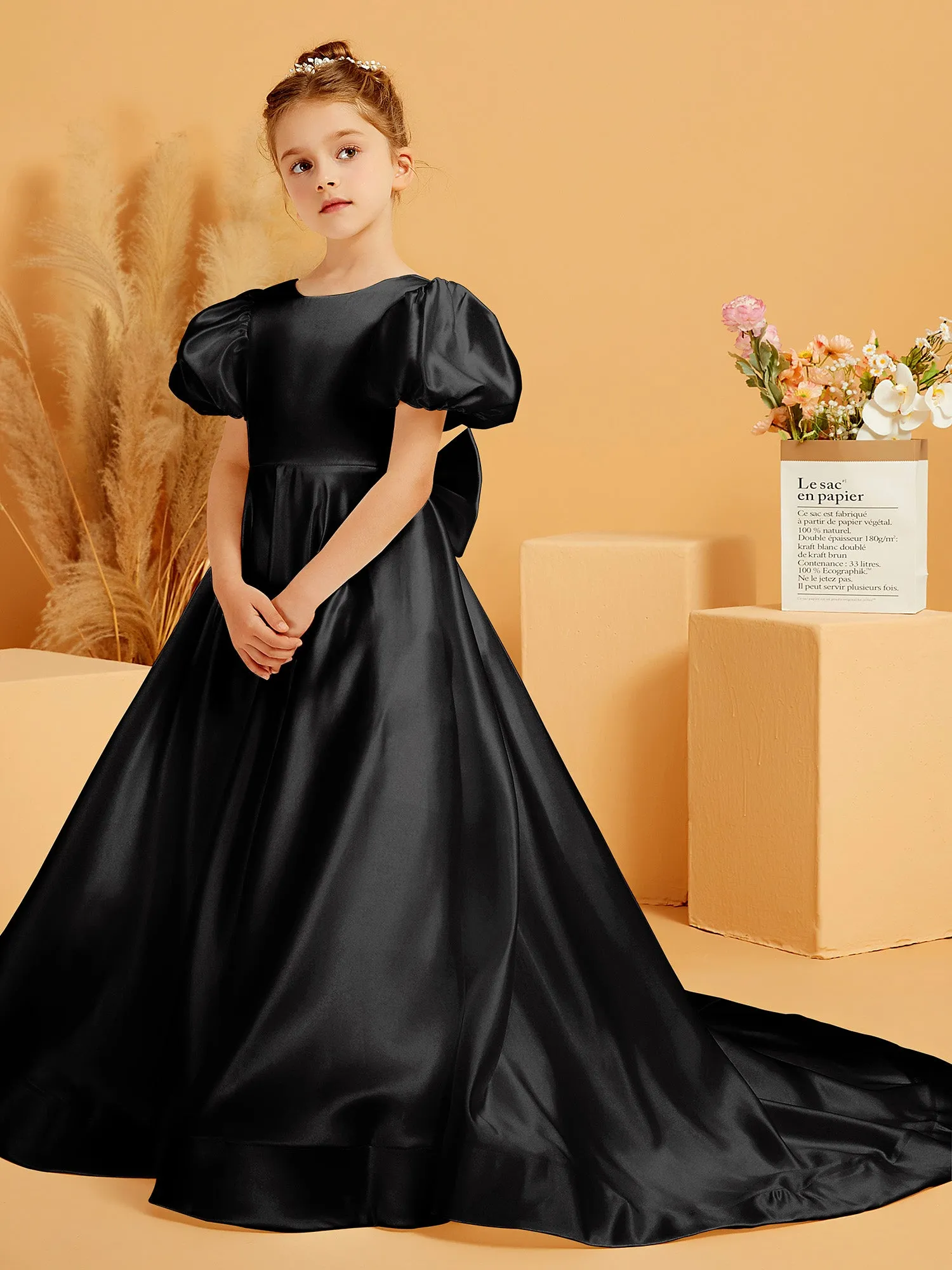 A-Line Pleated Satin Flower Girl Dress Black