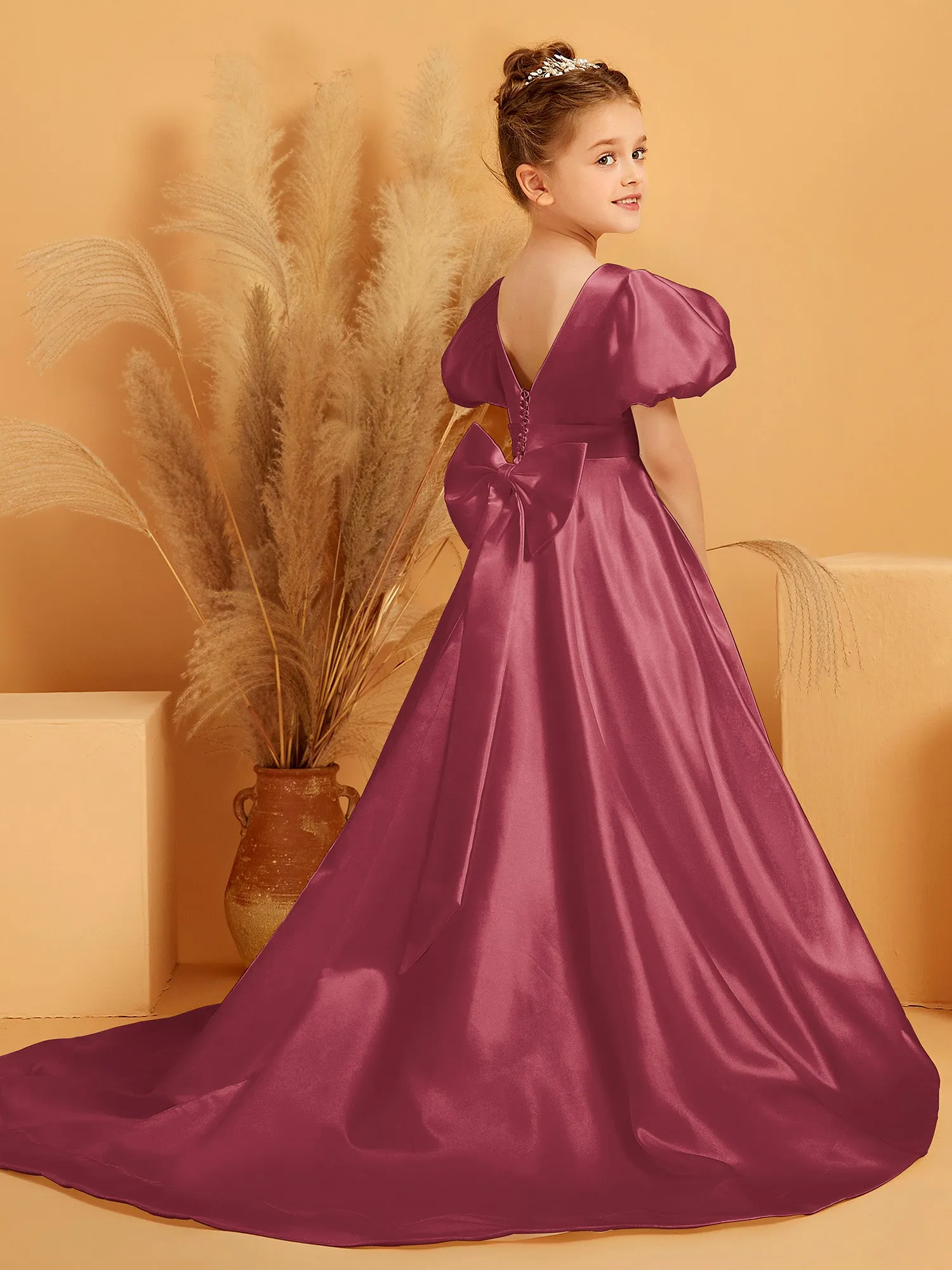 A-Line Pleated Satin Flower Girl Dress Cinnamon Rose