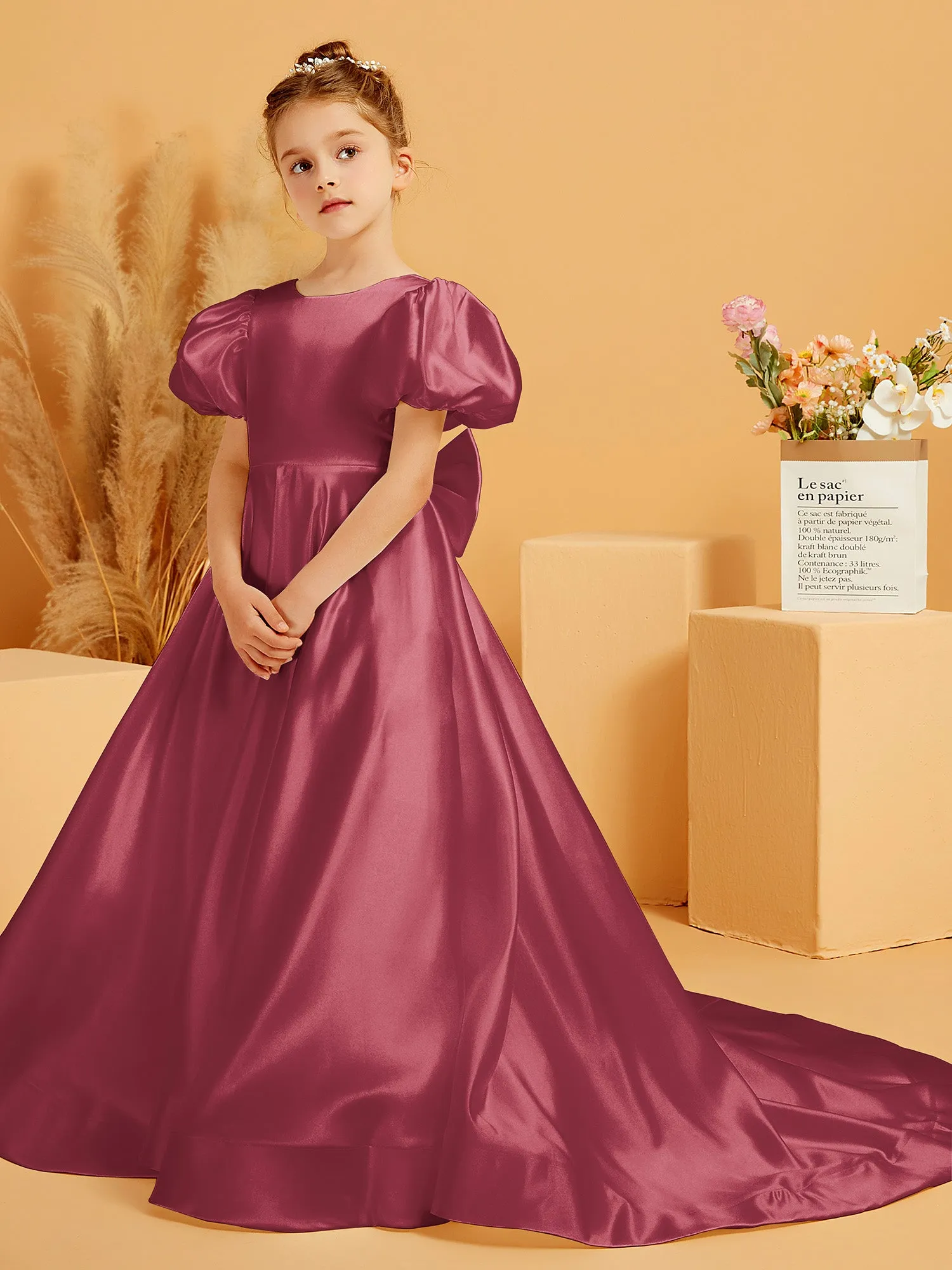 A-Line Pleated Satin Flower Girl Dress Cinnamon Rose