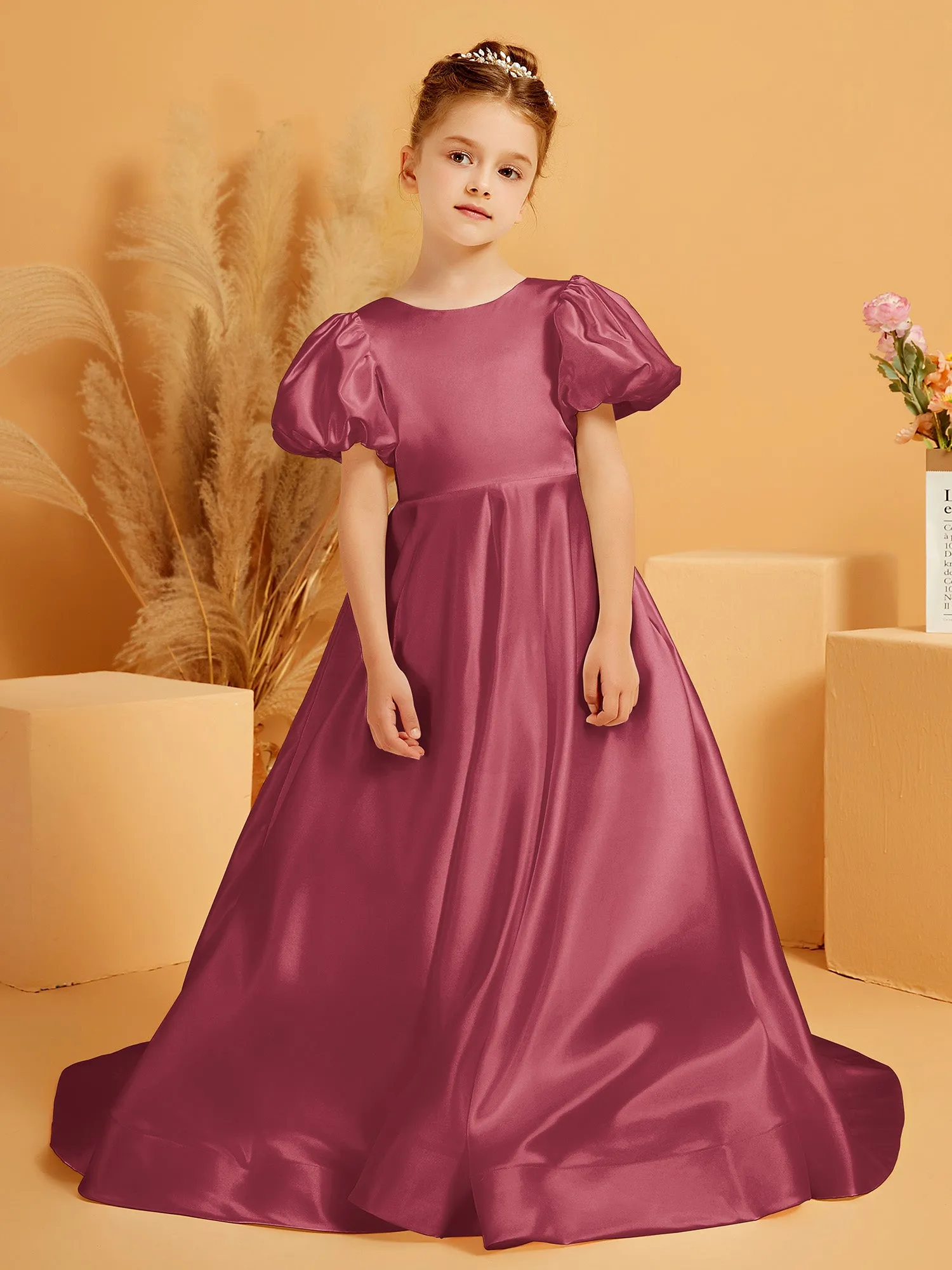 A-Line Pleated Satin Flower Girl Dress Cinnamon Rose