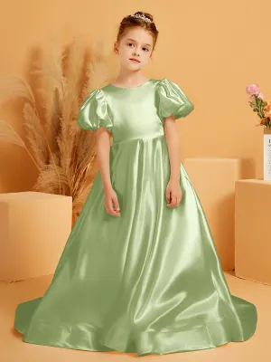A-Line Pleated Satin Flower Girl Dress Dusty Sage