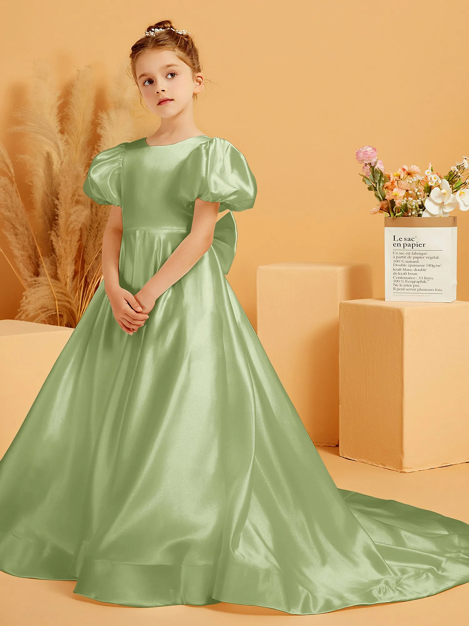 A-Line Pleated Satin Flower Girl Dress Dusty Sage
