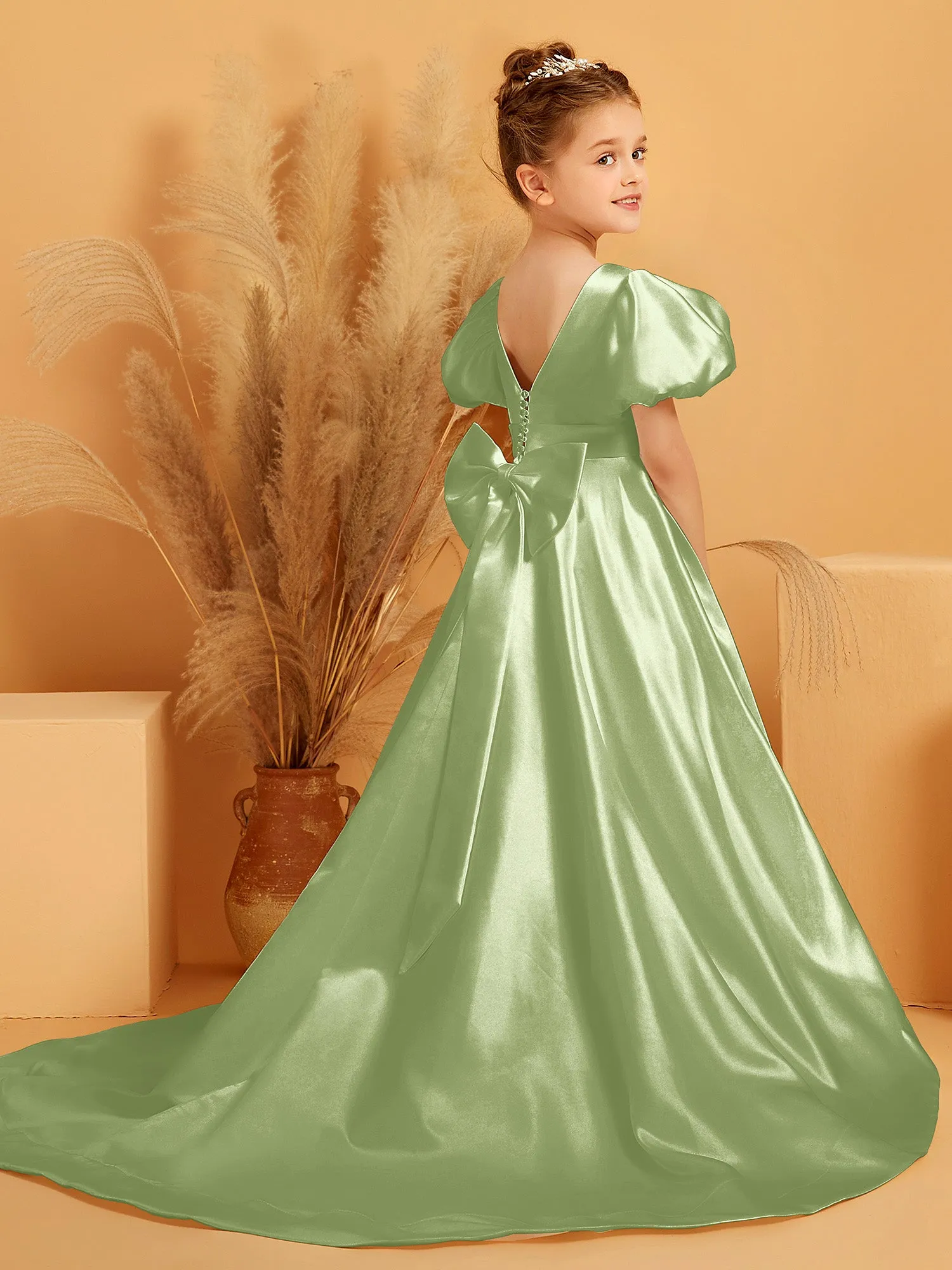 A-Line Pleated Satin Flower Girl Dress Dusty Sage