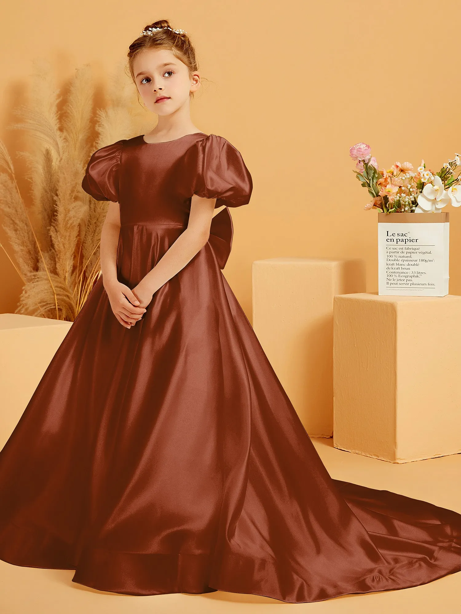 A-Line Pleated Satin Flower Girl Dress Terracotta