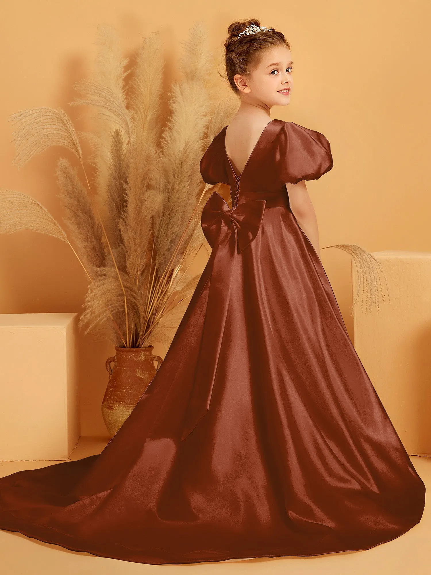 A-Line Pleated Satin Flower Girl Dress Terracotta