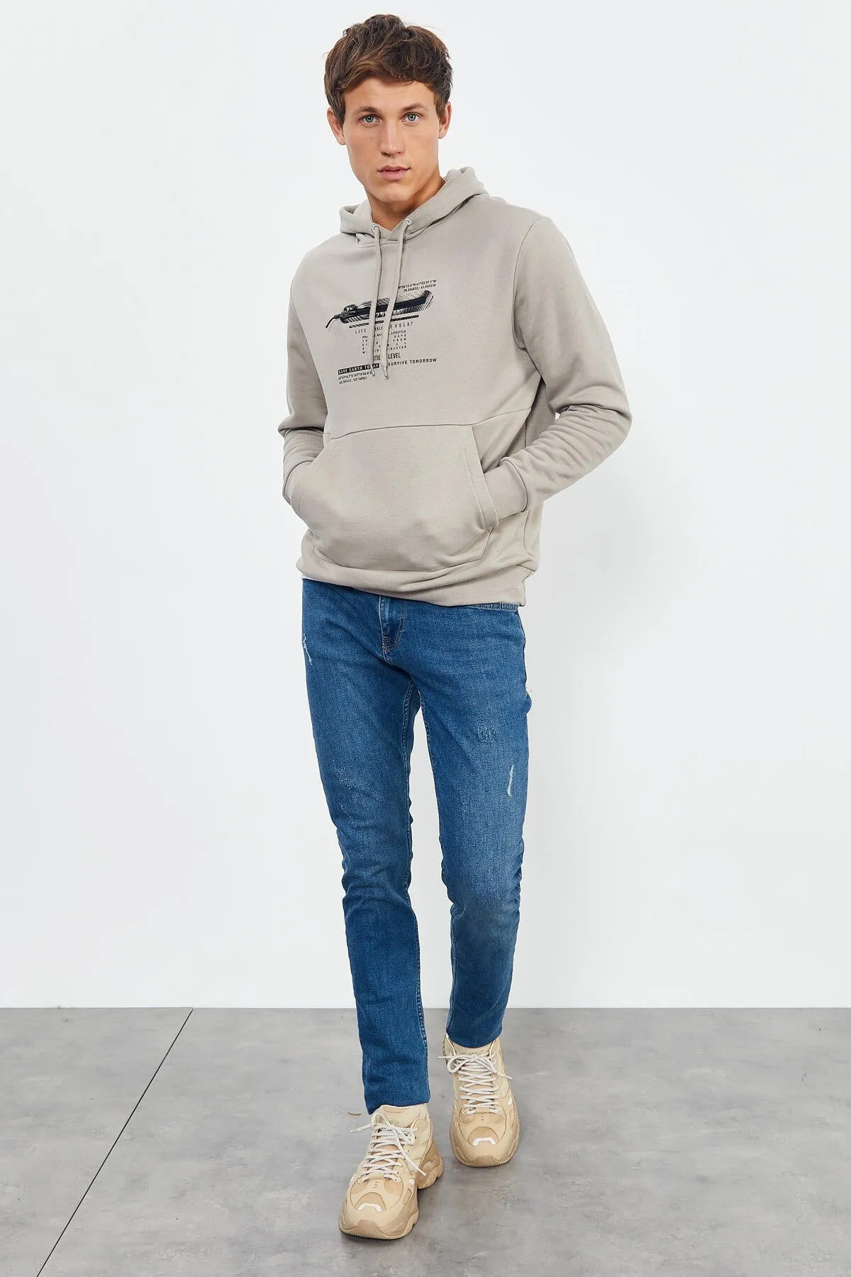 baskili kapüşonlu kanguru cep rahat form erkek sweatshirt - 88019
