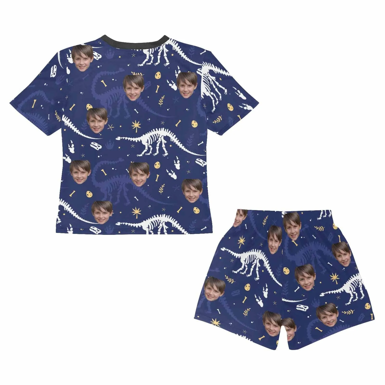 Big Boy Pajamas Custom Face Dinosaur Nightwear Personalized Kids Short Sleeve Pajama Set For Boys 8-15Y