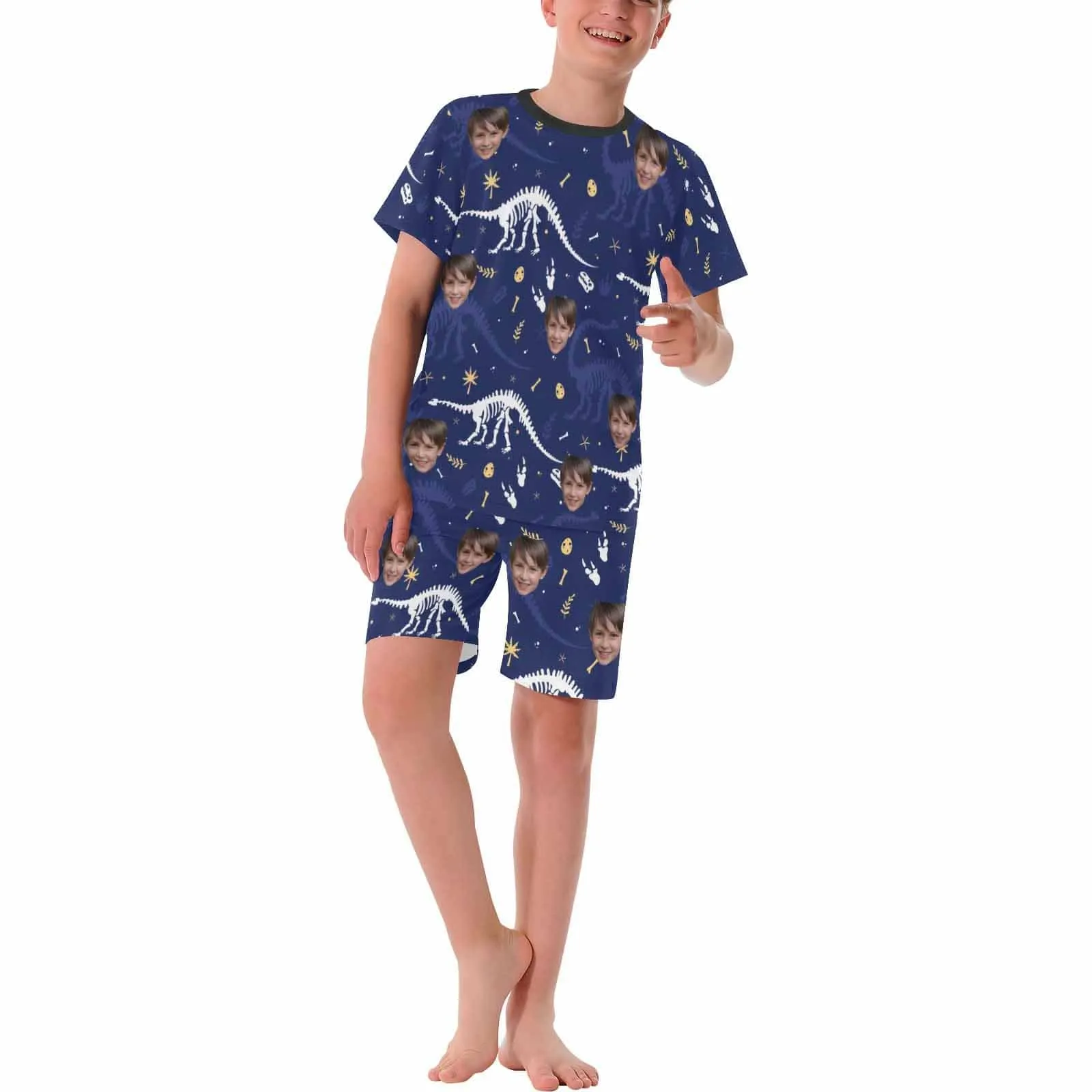 Big Boy Pajamas Custom Face Dinosaur Nightwear Personalized Kids Short Sleeve Pajama Set For Boys 8-15Y