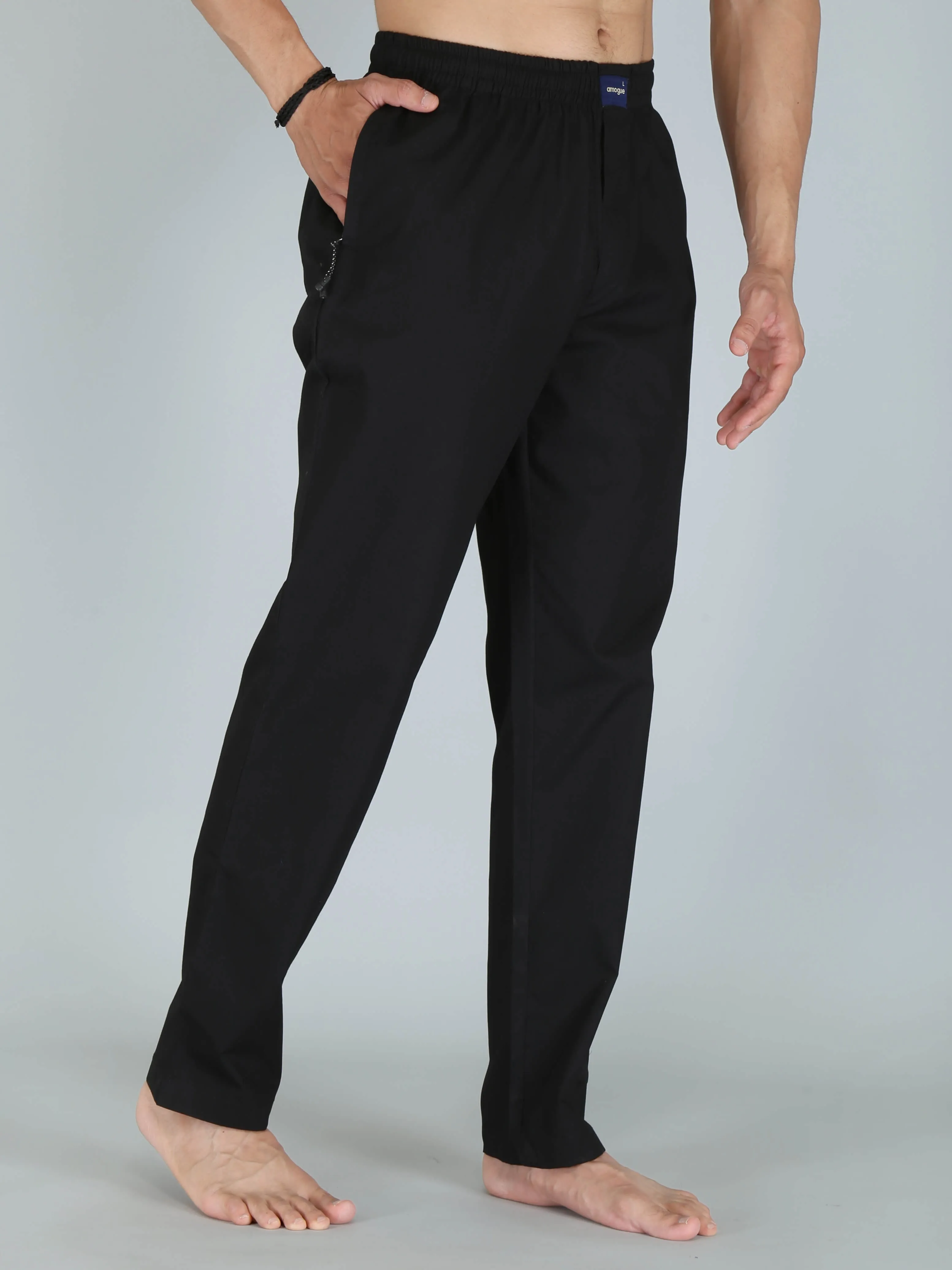 Black Solid Pure Cotton Pajamas For Men