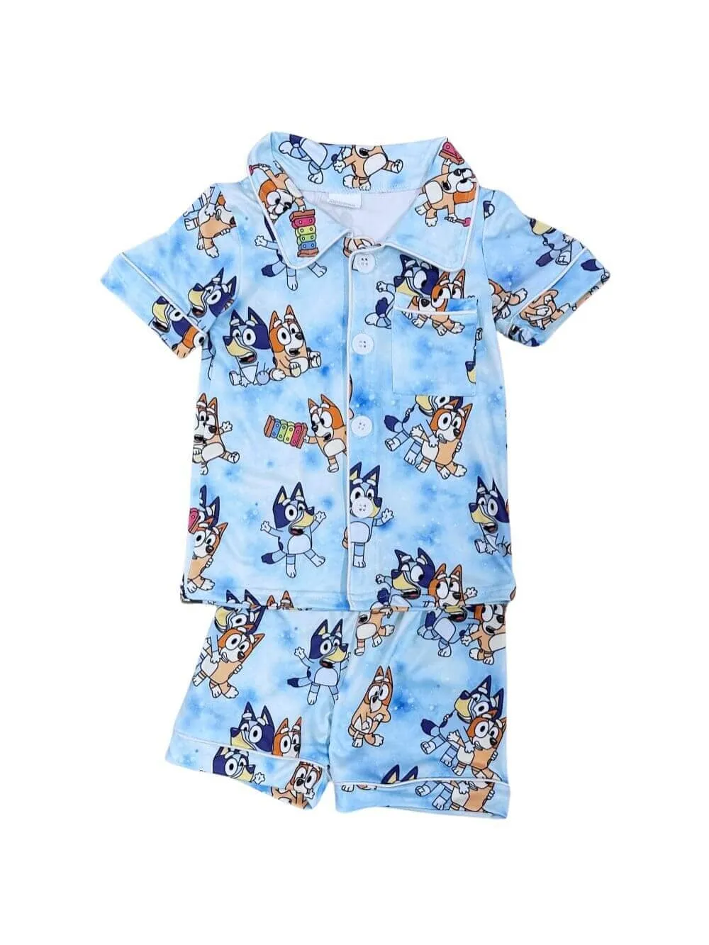 Blue Dog Button Up Blue Short Sleeve Pajama Set