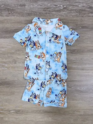Blue Dog Button Up Blue Short Sleeve Pajama Set