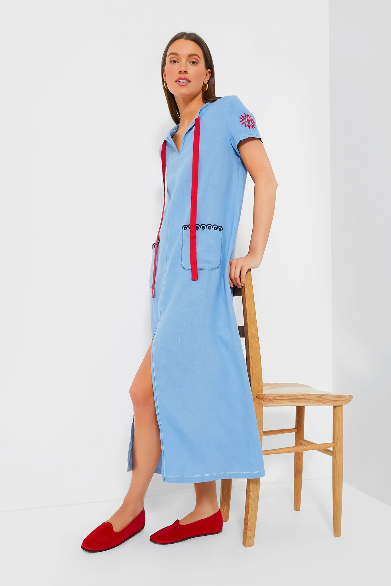 Blue Petra Embroidered Linen Maxi Dress