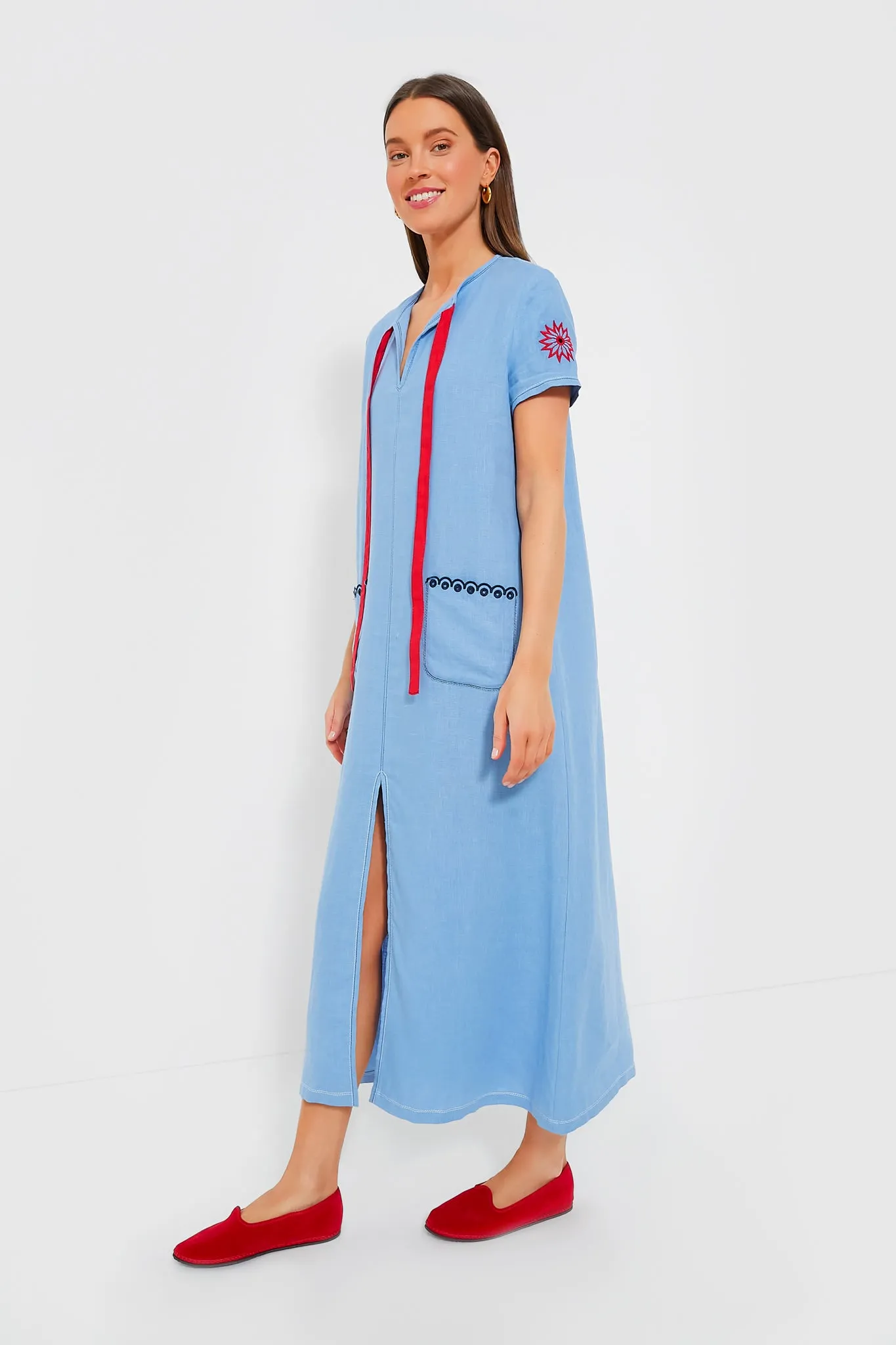 Blue Petra Embroidered Linen Maxi Dress