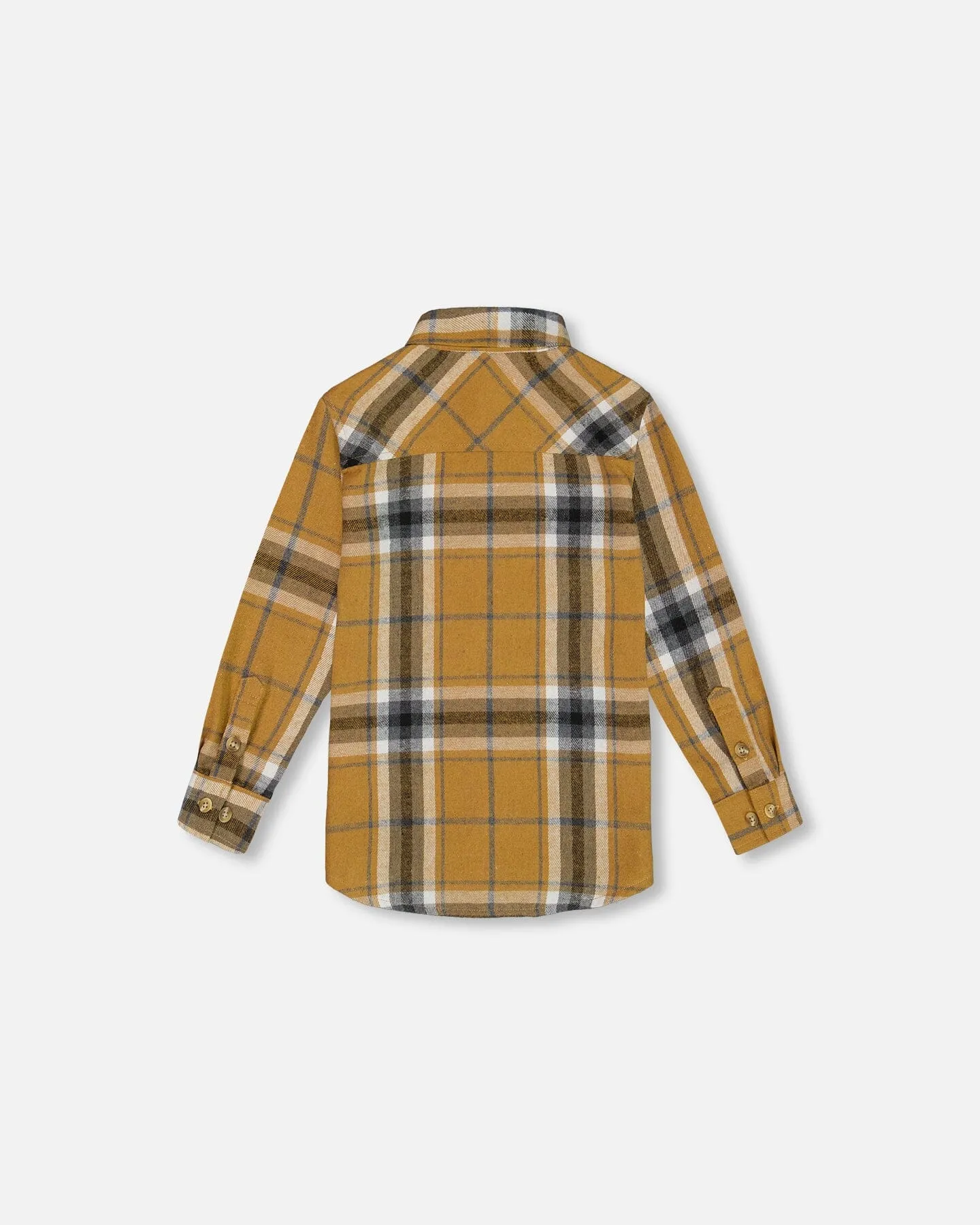Button Down Flannel Shirt With Pocket Plaid Golden Yellow And Gray