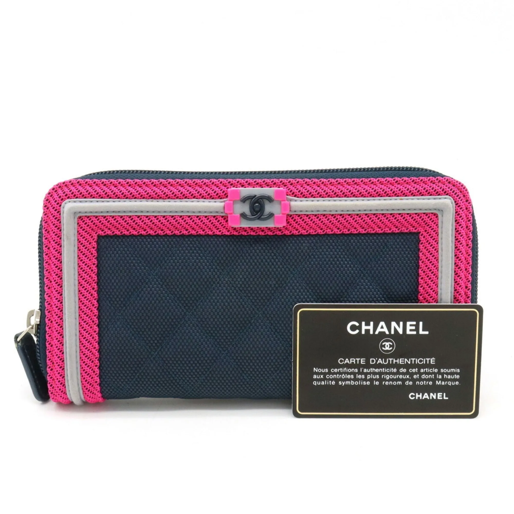 Chanel Boy  Matelasse Coco Mark Round Long Wallet Canvas Navy Pink Light Gray