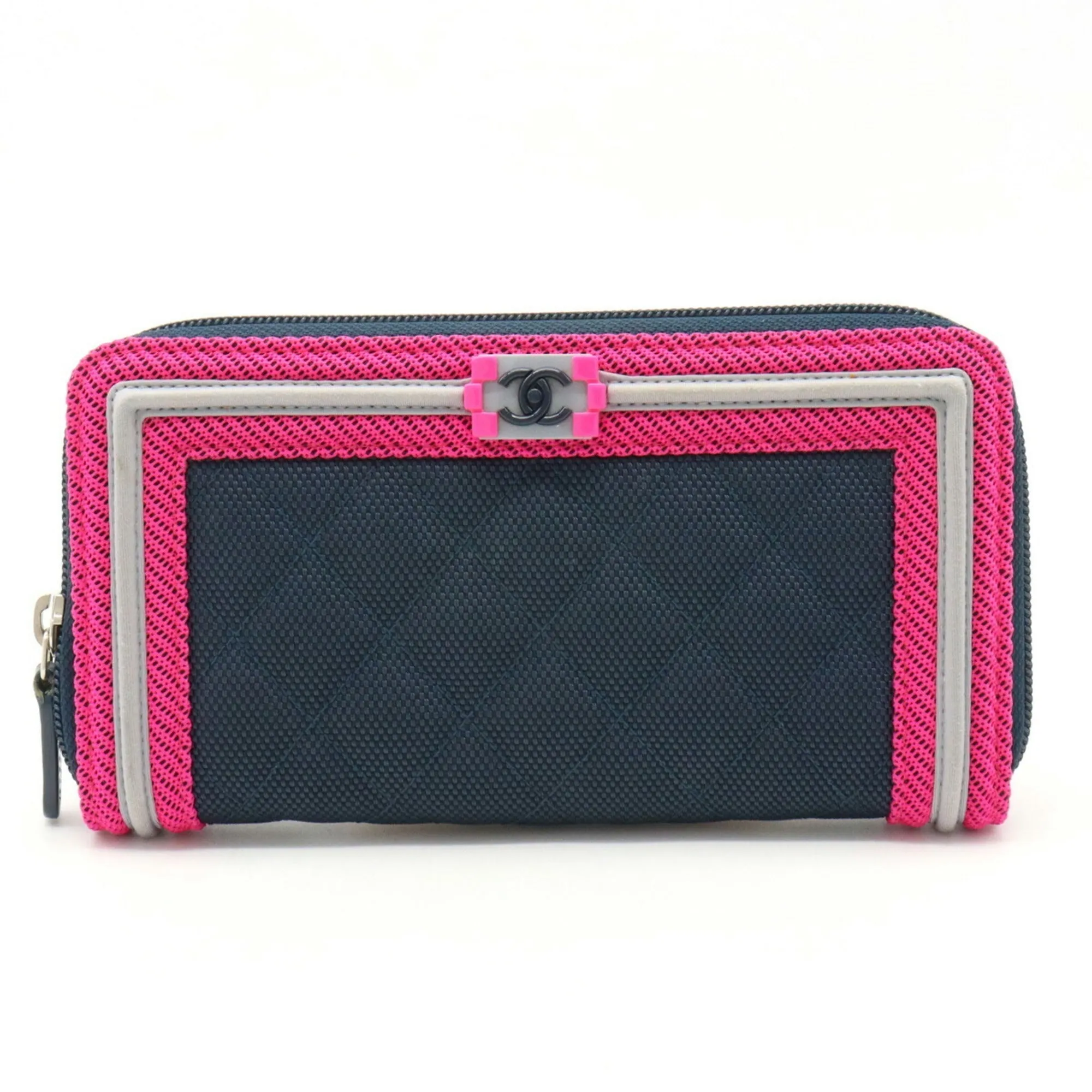 Chanel Boy  Matelasse Coco Mark Round Long Wallet Canvas Navy Pink Light Gray