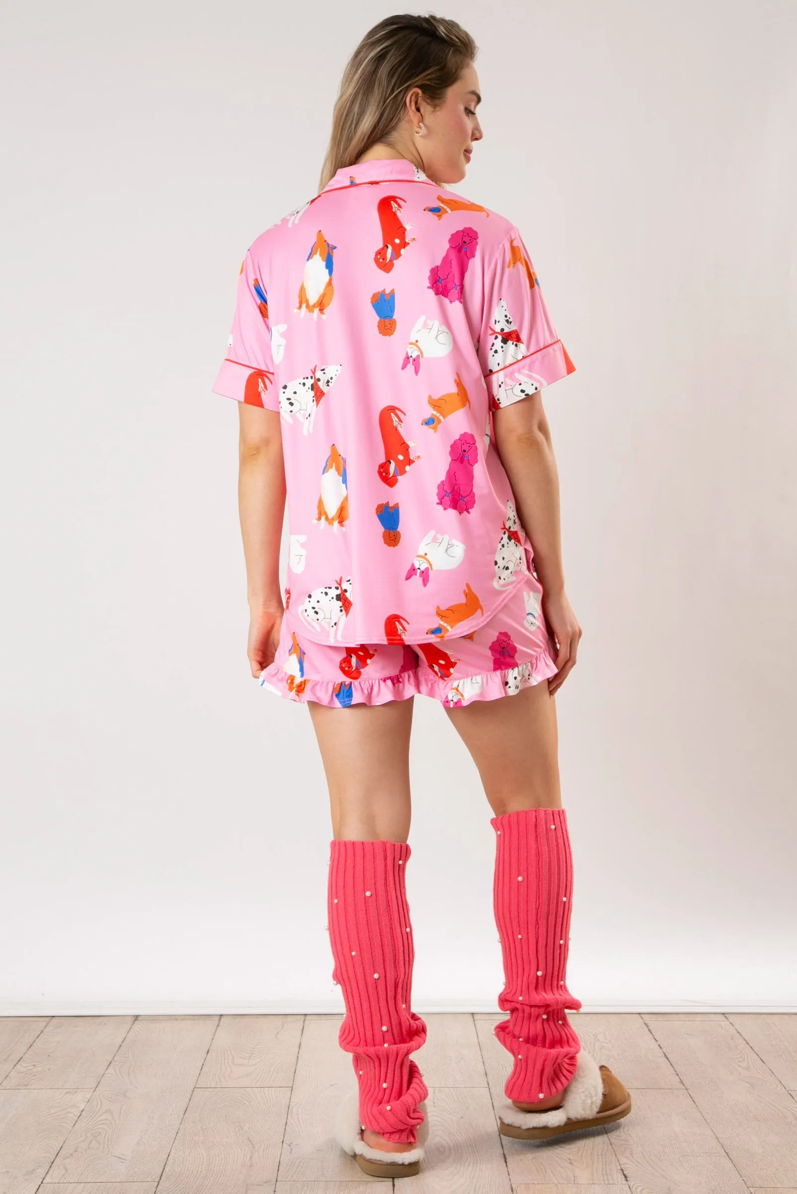 Cute Puppy Short Sleeve Print Knit Pajama Short Set