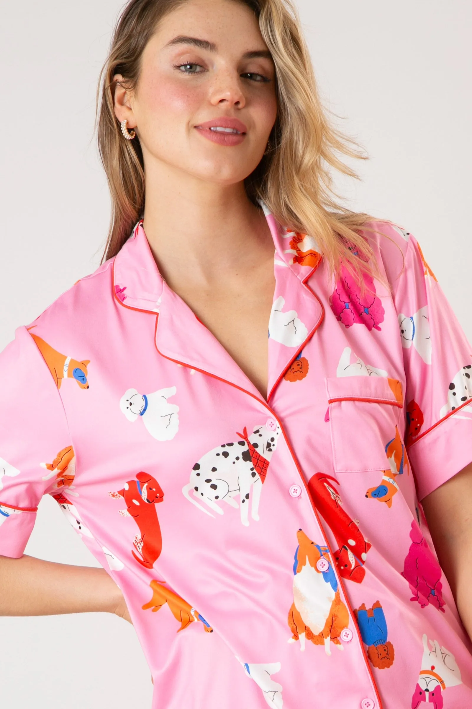 Cute Puppy Short Sleeve Print Knit Pajama Short Set
