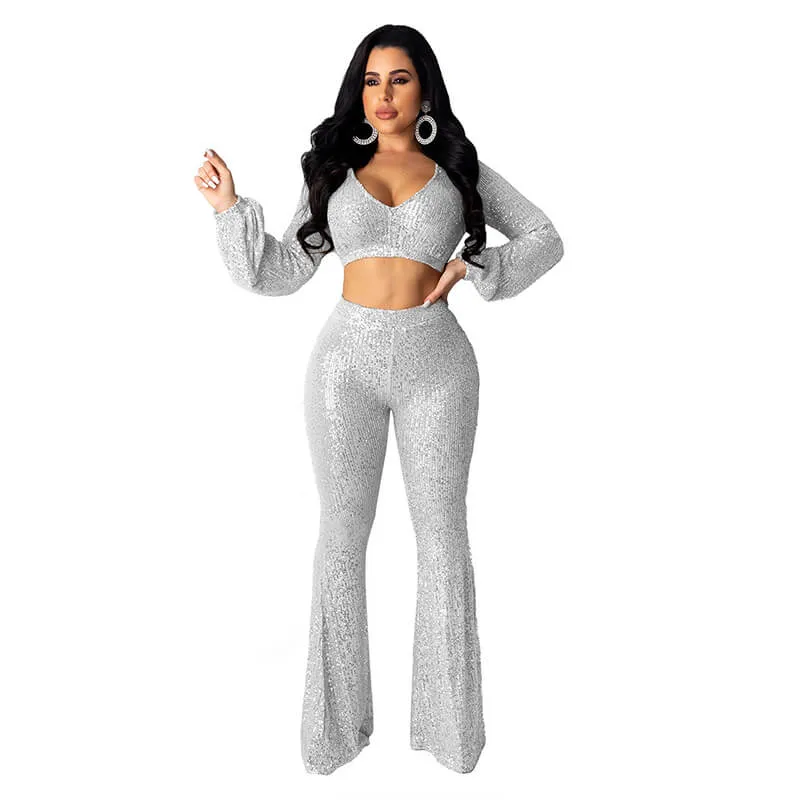 Deep V-neck Crop Top Bright Bell Bottom Pants Set