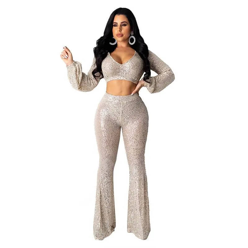 Deep V-neck Crop Top Bright Bell Bottom Pants Set