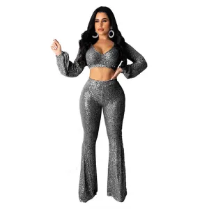 Deep V-neck Crop Top Bright Bell Bottom Pants Set
