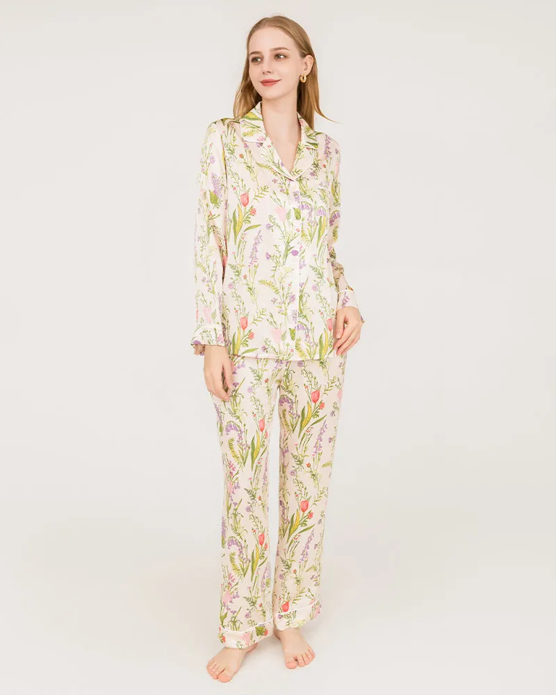 Elegant Floral Print Silk Pajamas Set