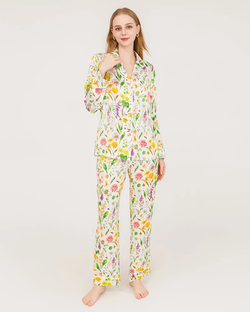 Elegant Floral Print Silk Pajamas Set