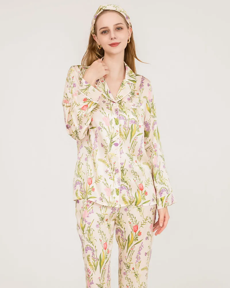 Elegant Floral Print Silk Pajamas Set