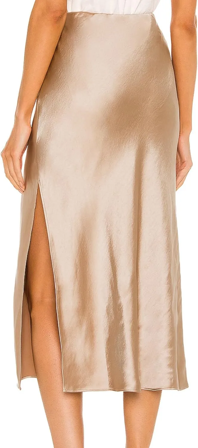 Ezcosplay Women Satin Midi Skirt High Elastic Waisted Satin Slip Skirts Casual Silk Skirt with Slit