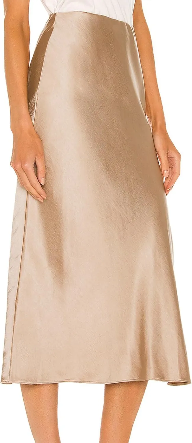 Ezcosplay Women Satin Midi Skirt High Elastic Waisted Satin Slip Skirts Casual Silk Skirt with Slit