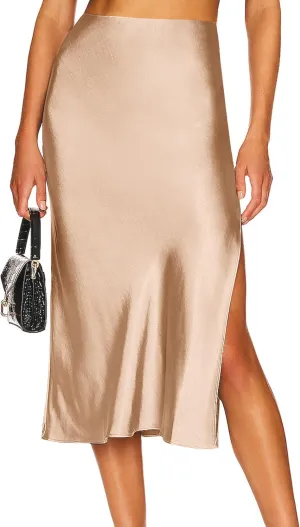 Ezcosplay Women Satin Midi Skirt High Elastic Waisted Satin Slip Skirts Casual Silk Skirt with Slit