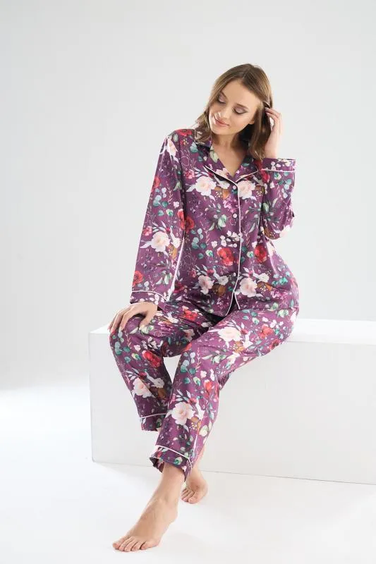 faryanight ipek saten uzun kollu çiçek desenli biyeli gömlek pijama takimi