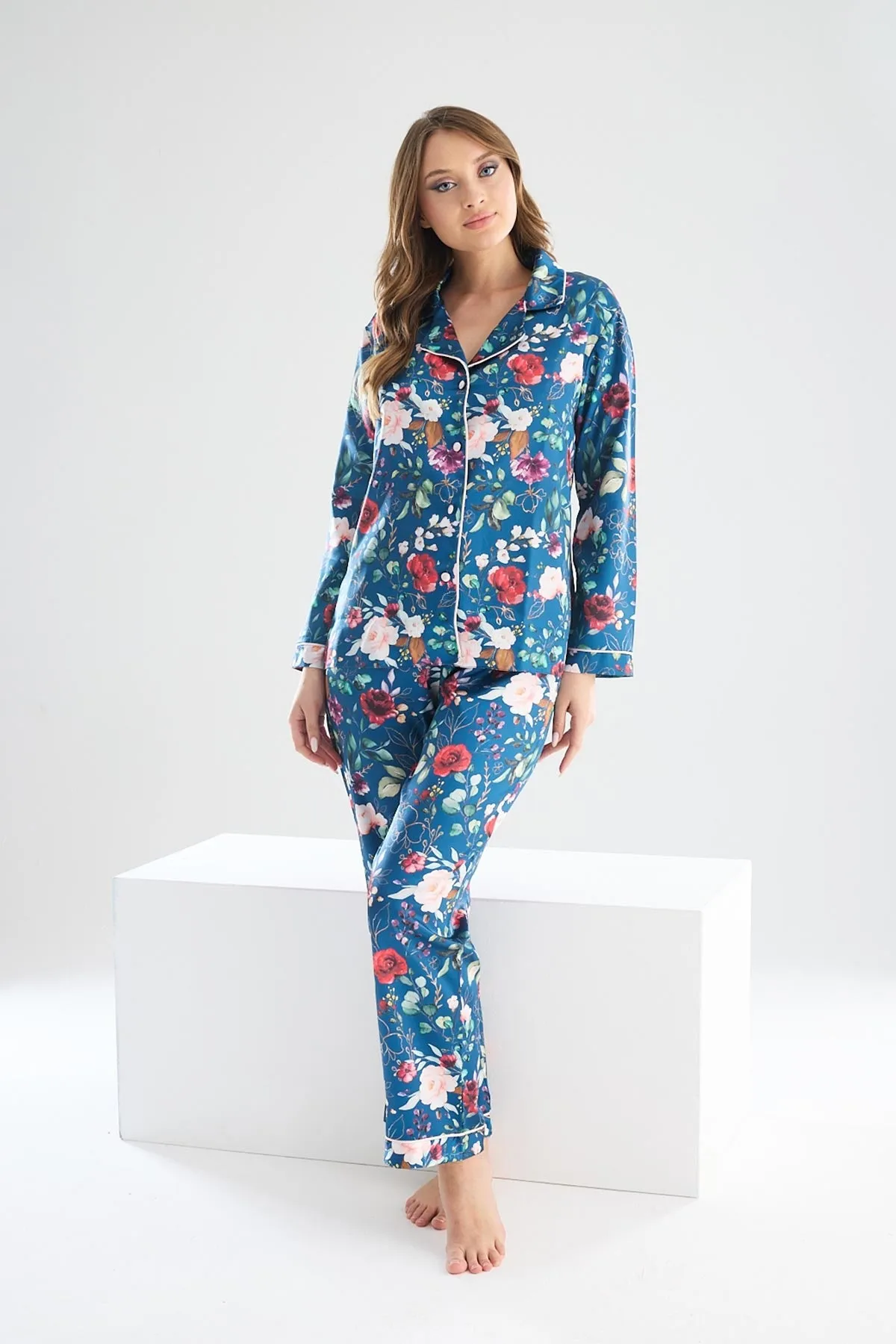 faryanight ipek saten uzun kollu çiçek desenli biyeli gömlek pijama takimi