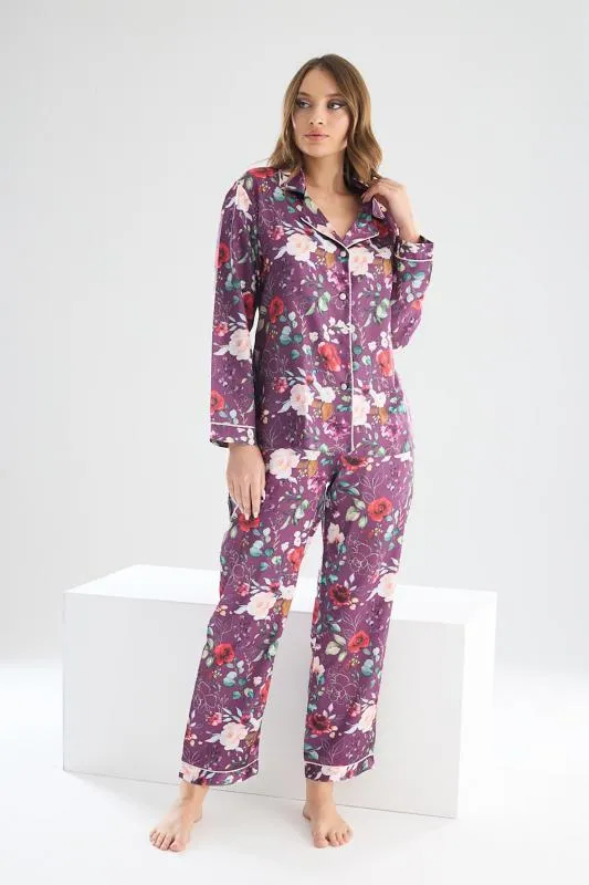faryanight ipek saten uzun kollu çiçek desenli biyeli gömlek pijama takimi