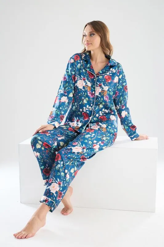 faryanight ipek saten uzun kollu çiçek desenli biyeli gömlek pijama takimi