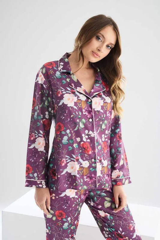 faryanight ipek saten uzun kollu çiçek desenli biyeli gömlek pijama takimi