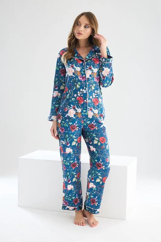faryanight ipek saten uzun kollu çiçek desenli biyeli gömlek pijama takimi