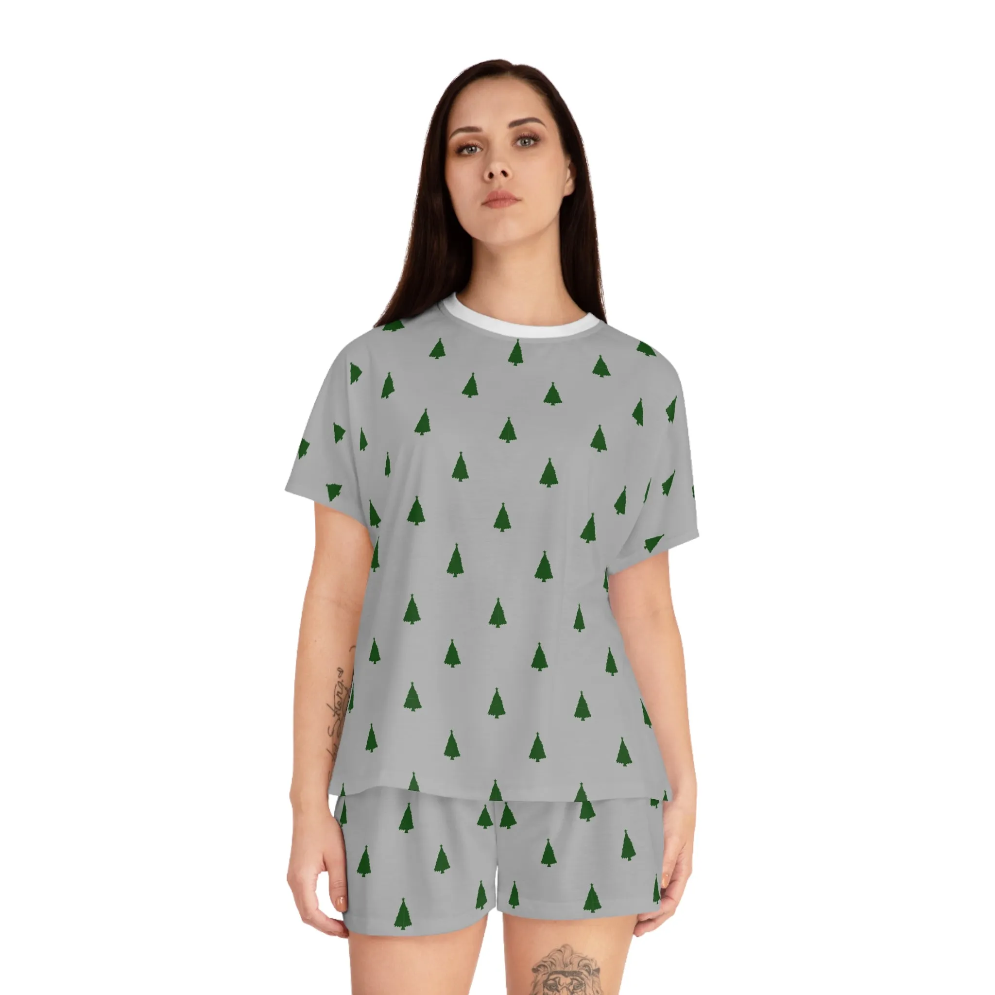 Grey Christmas Tree Pajama Set for Women - Minimalist Two-Piece Holiday Sleepwear - Cozy Winter Gift Idea