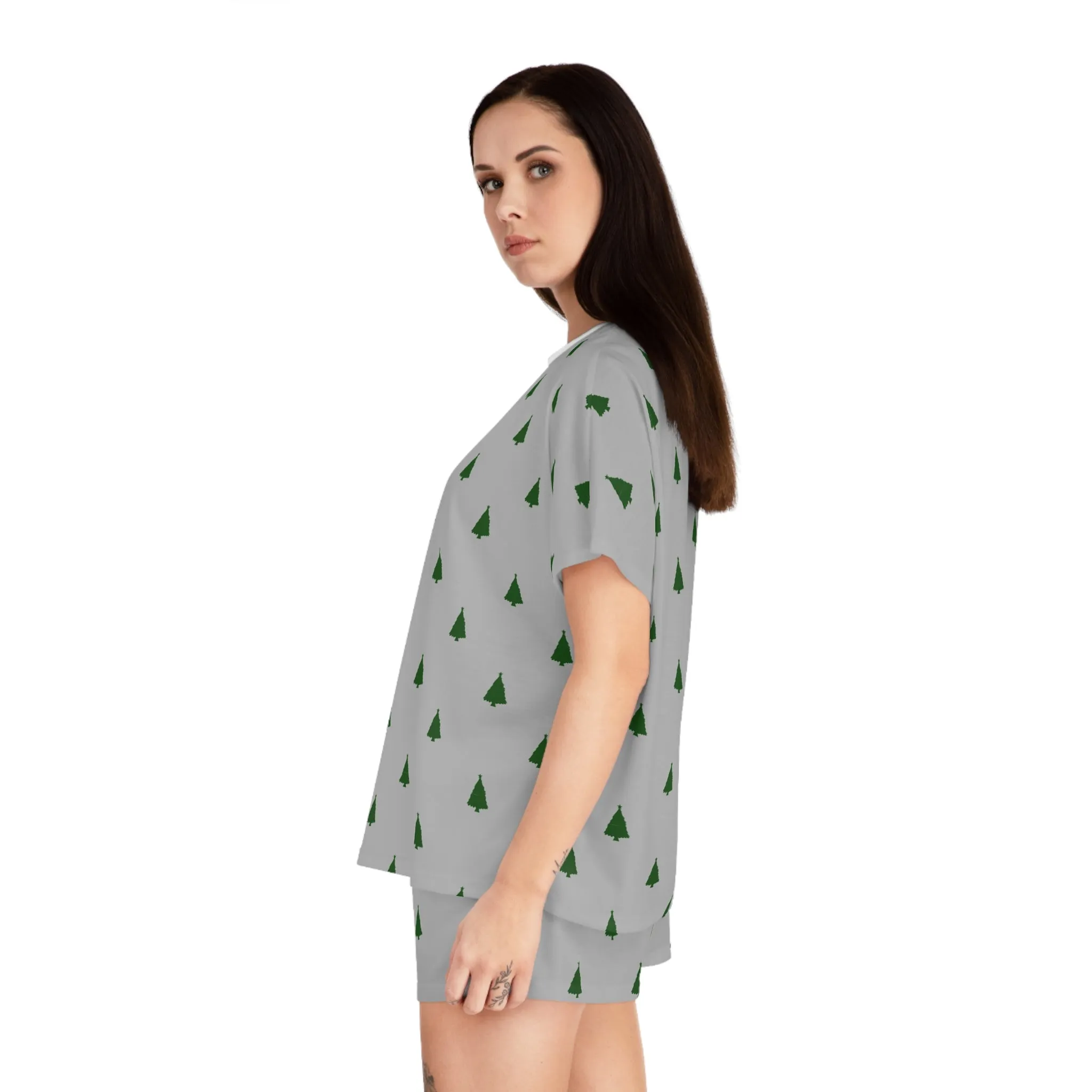 Grey Christmas Tree Pajama Set for Women - Minimalist Two-Piece Holiday Sleepwear - Cozy Winter Gift Idea