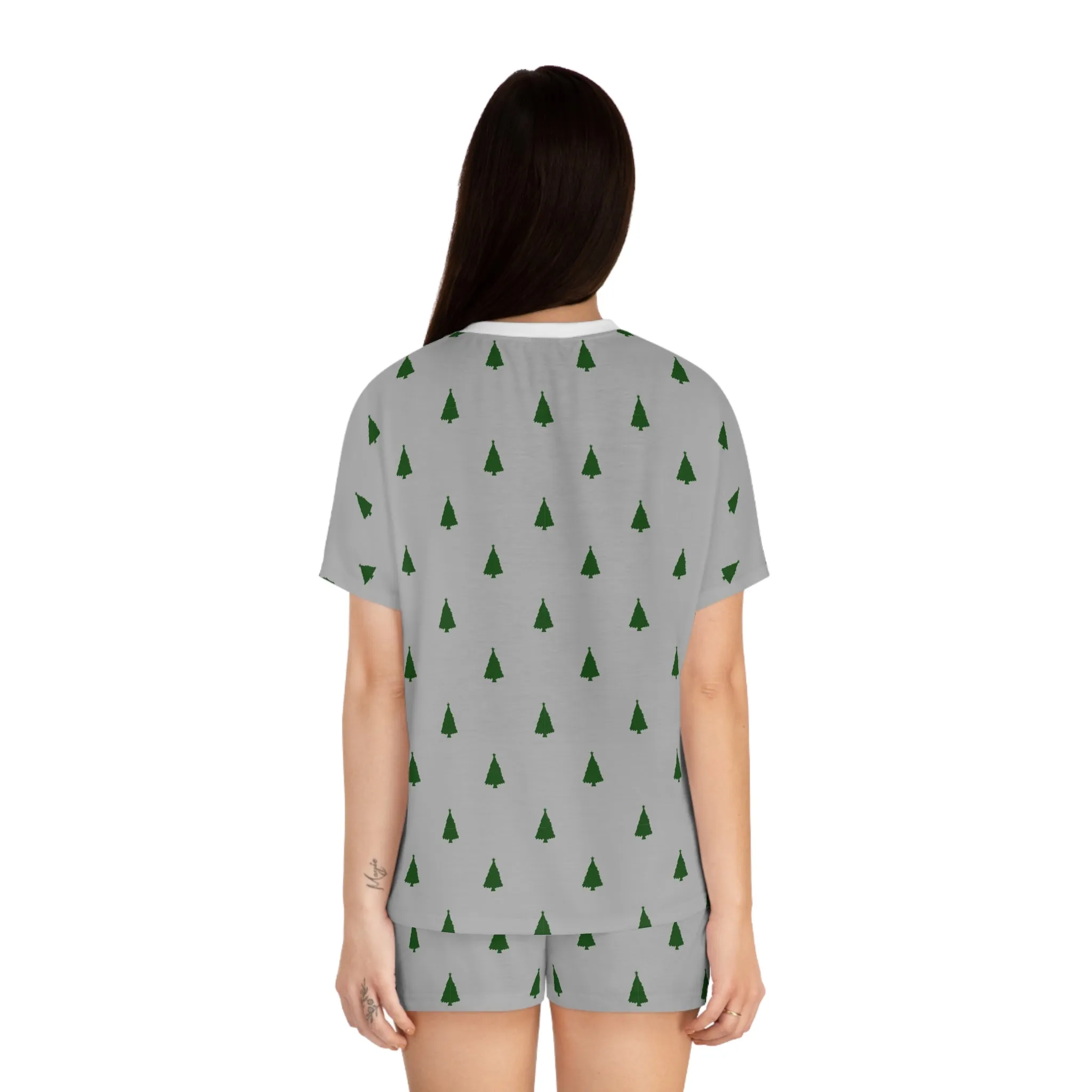 Grey Christmas Tree Pajama Set for Women - Minimalist Two-Piece Holiday Sleepwear - Cozy Winter Gift Idea