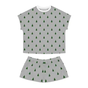 Grey Christmas Tree Pajama Set for Women - Minimalist Two-Piece Holiday Sleepwear - Cozy Winter Gift Idea