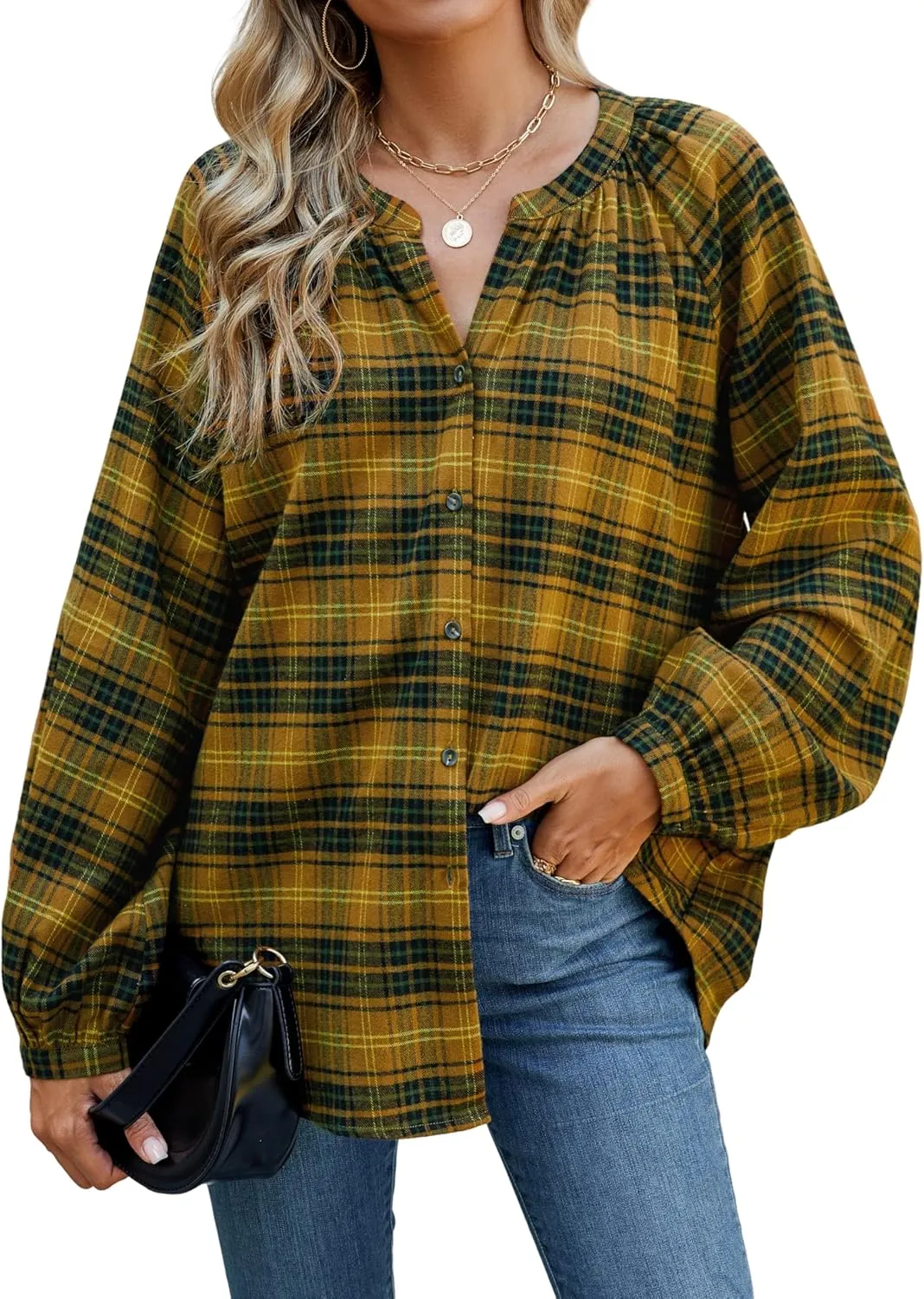 INFITTY Women's Flannel Shirts Cotton Henley V Neck Button Down Blouse Long Sleeve Tops Dressy Plaid Shackets