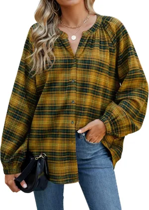 INFITTY Women's Flannel Shirts Cotton Henley V Neck Button Down Blouse Long Sleeve Tops Dressy Plaid Shackets