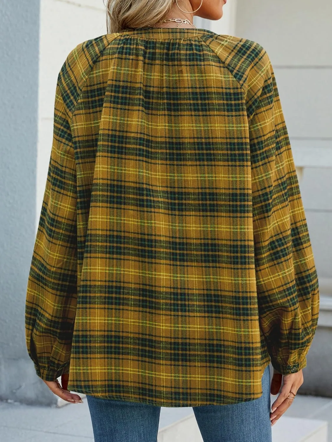 INFITTY Women's Flannel Shirts Cotton Henley V Neck Button Down Blouse Long Sleeve Tops Dressy Plaid Shackets