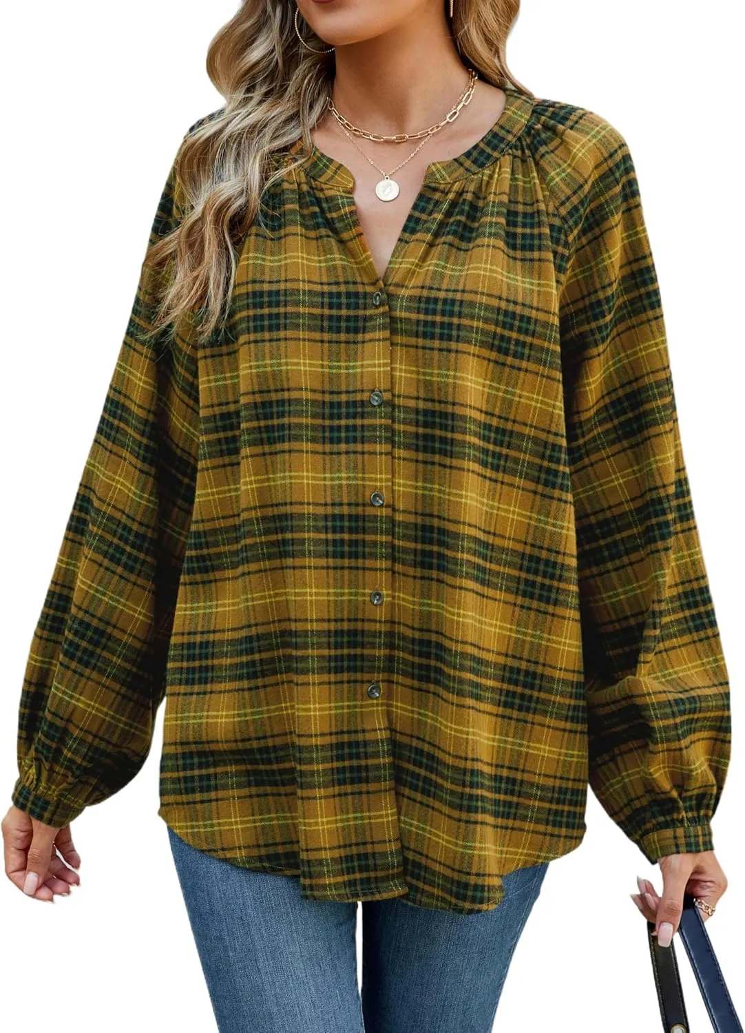 INFITTY Women's Flannel Shirts Cotton Henley V Neck Button Down Blouse Long Sleeve Tops Dressy Plaid Shackets