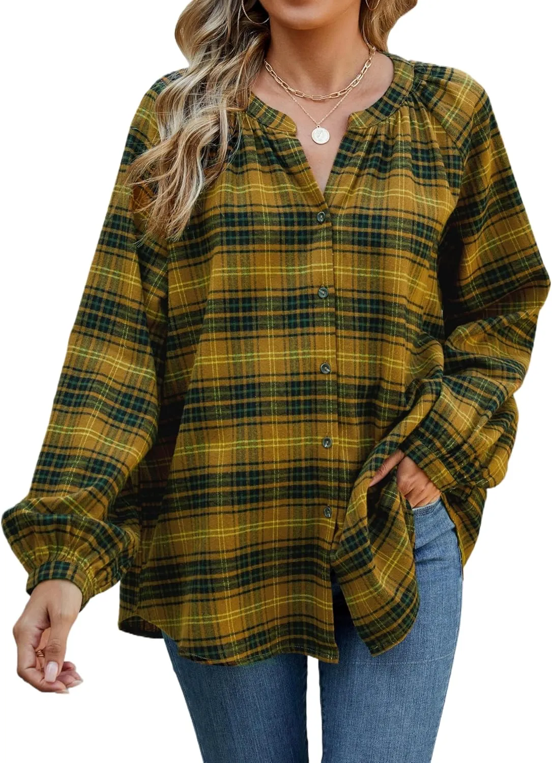 INFITTY Women's Flannel Shirts Cotton Henley V Neck Button Down Blouse Long Sleeve Tops Dressy Plaid Shackets