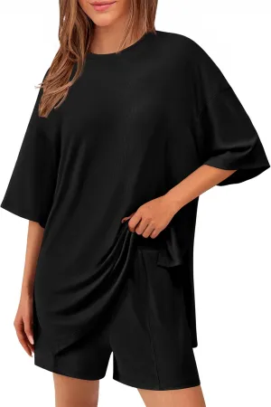KIRUNDO 2 Piece Sets for Women Summer Lounge Sets Casual Oversized Tshirts Shorts Matching Airport Travel Outfit Postpartum