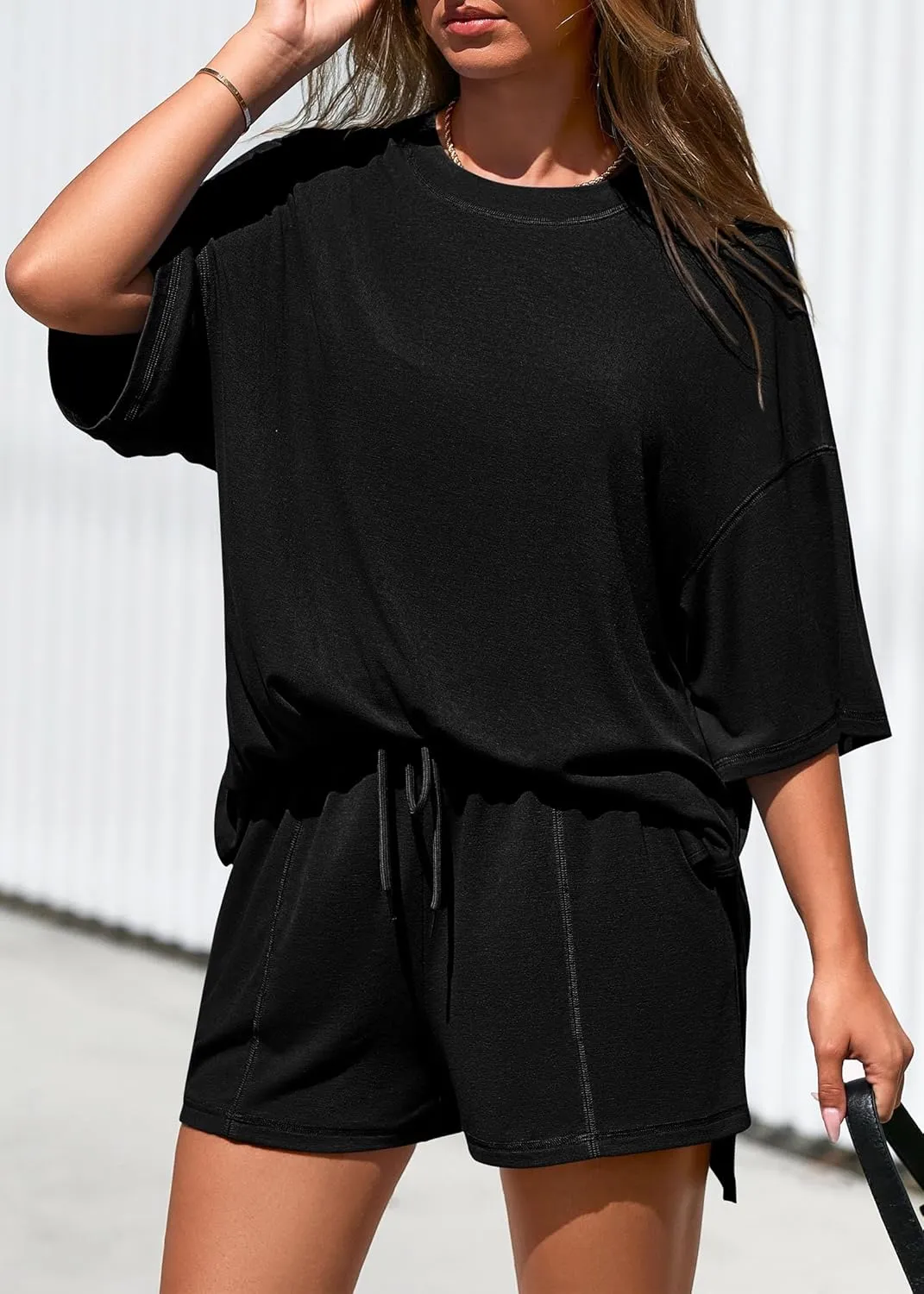KIRUNDO 2 Piece Sets for Women Summer Lounge Sets Casual Oversized Tshirts Shorts Matching Airport Travel Outfit Postpartum